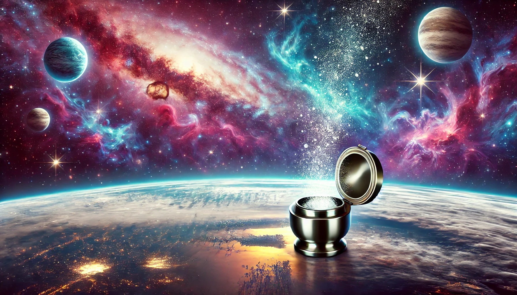 DALL·E 2025-01-19 21.50.10 - A detailed depiction of human ashes being released into the vastness of interstellar space. The scene shows a small ceremonial pod opening, scattering