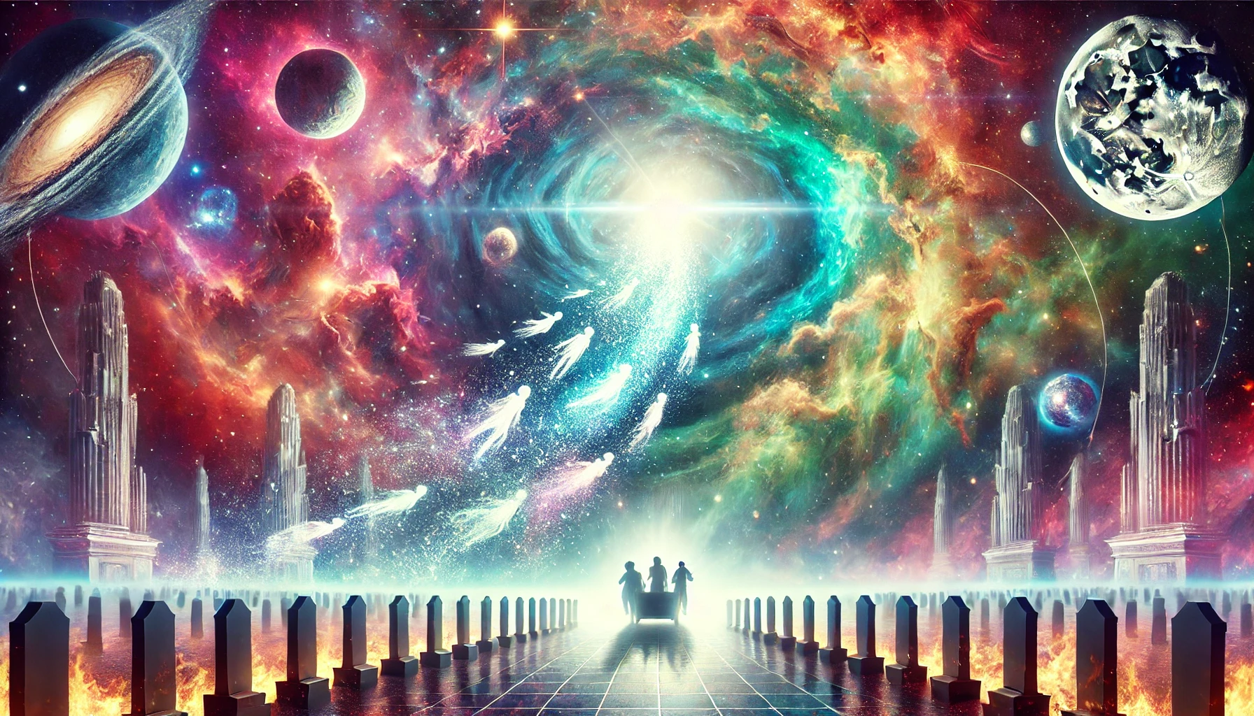 DALL·E 2025-01-19 21.50.51 - A highly creative and symbolic depiction of human ashes being scattered into interstellar space. The scene features a futuristic ceremonial spacecraft