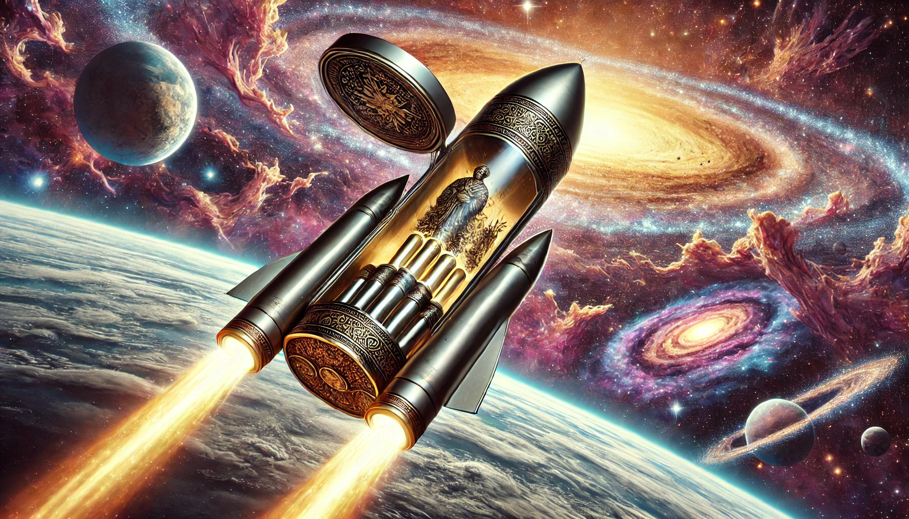 DALL·E 2025-01-19 21.51.28 - A detailed and imaginative depiction of human ashes being carried inside a futuristic rocket in space. The rocket is sleek and adorned with ceremonial